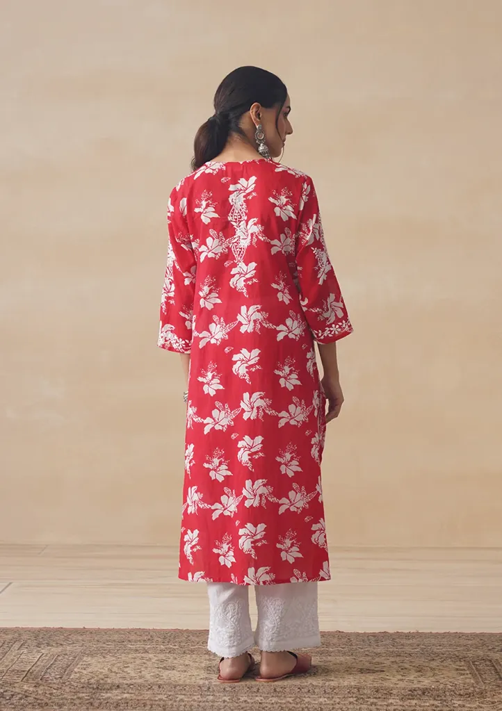 Mulmul Chikankari Printed Women's Straight Kurta BACK - Red.webp