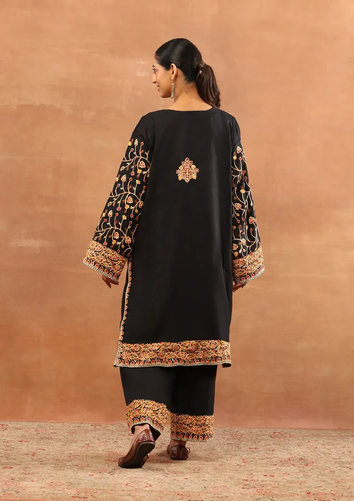 Wool Aari Embroidered Solid Women's 3 PC Long Phiran Set BACK - Black.webp