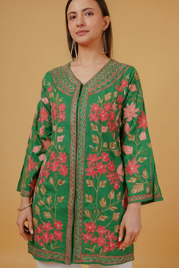 Cotton Kashmiri Aari Embroidered Jacket – Green.webp