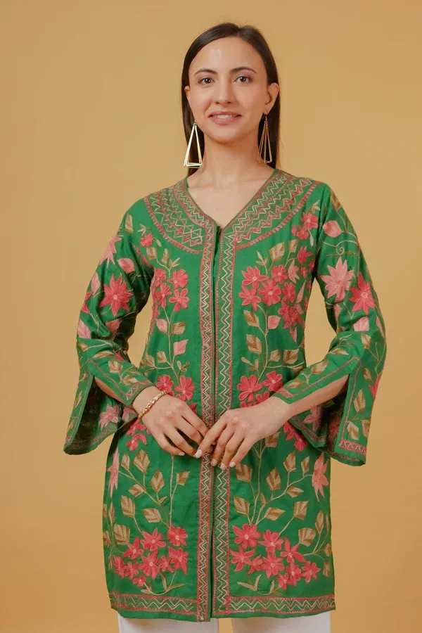 Cotton Kashmiri Aari Embroidered Jacket – Green 2.webp