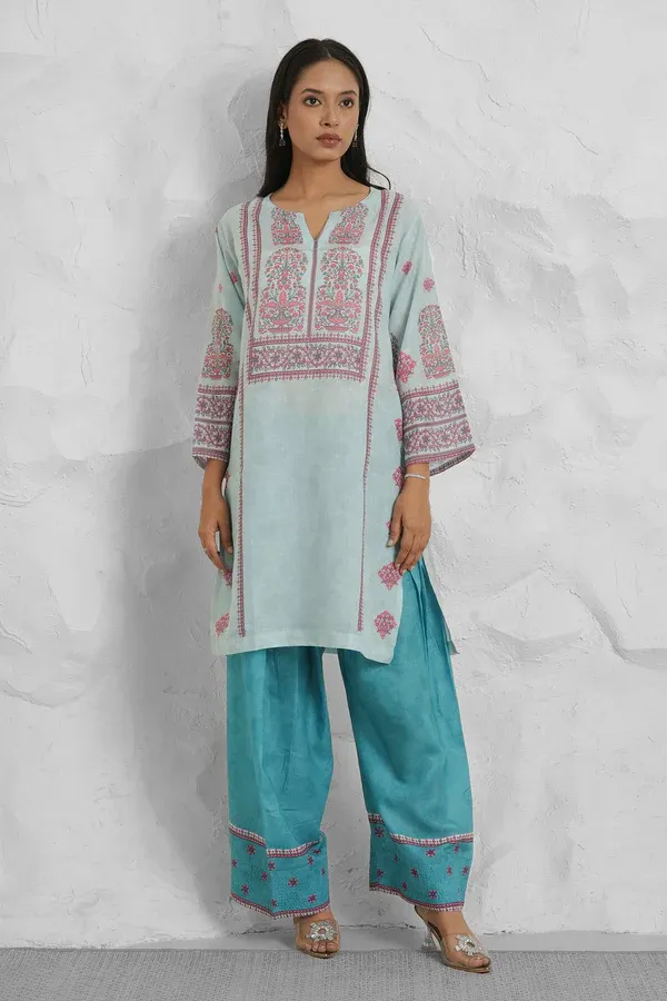 Lawn Cotton Printkari Co-ord Set – Aqua Blue.webp