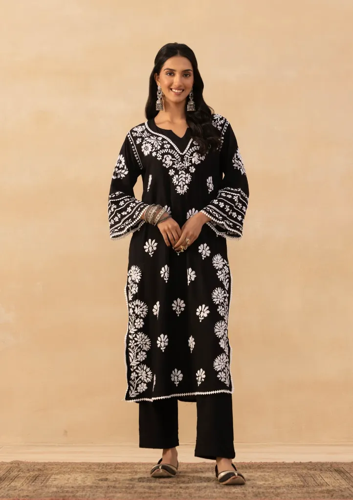 Rayon Chikankari Solid Women's Long Kurta - Black.webp