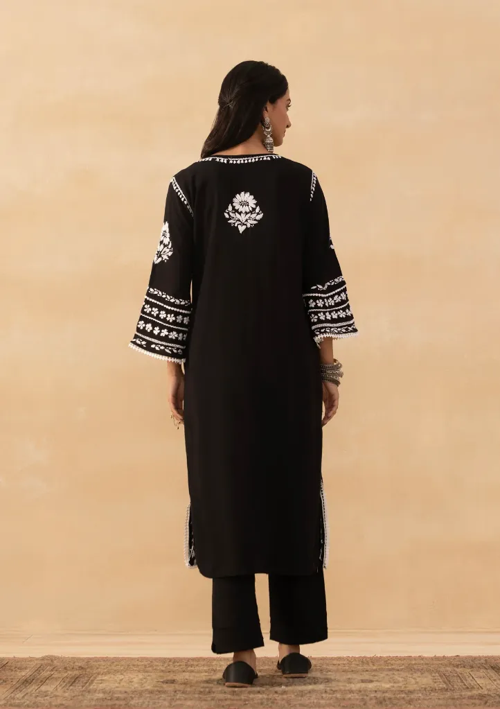 Rayon Chikankari Solid Women's Long Kurta  BACK- Black.webp