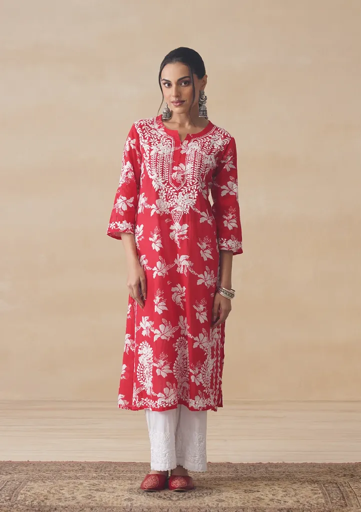 Mulmul Chikankari Printed Women's Straight Kurta - Red.webp