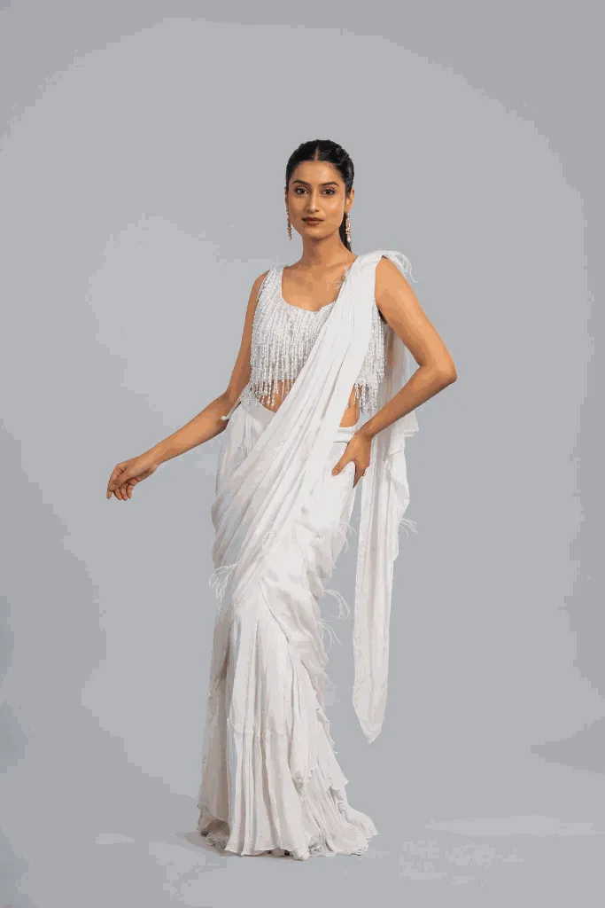 Draped Saree Set with Embellished Cape Blouse.webp