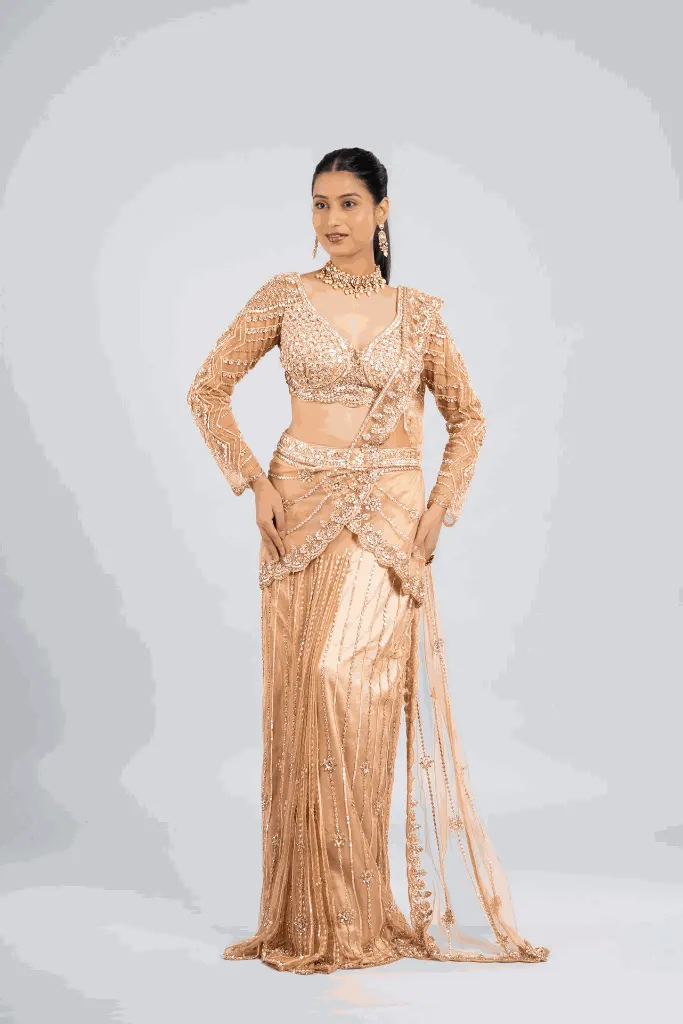 Champagne Gold Hand-Embellished Saree Set.webp