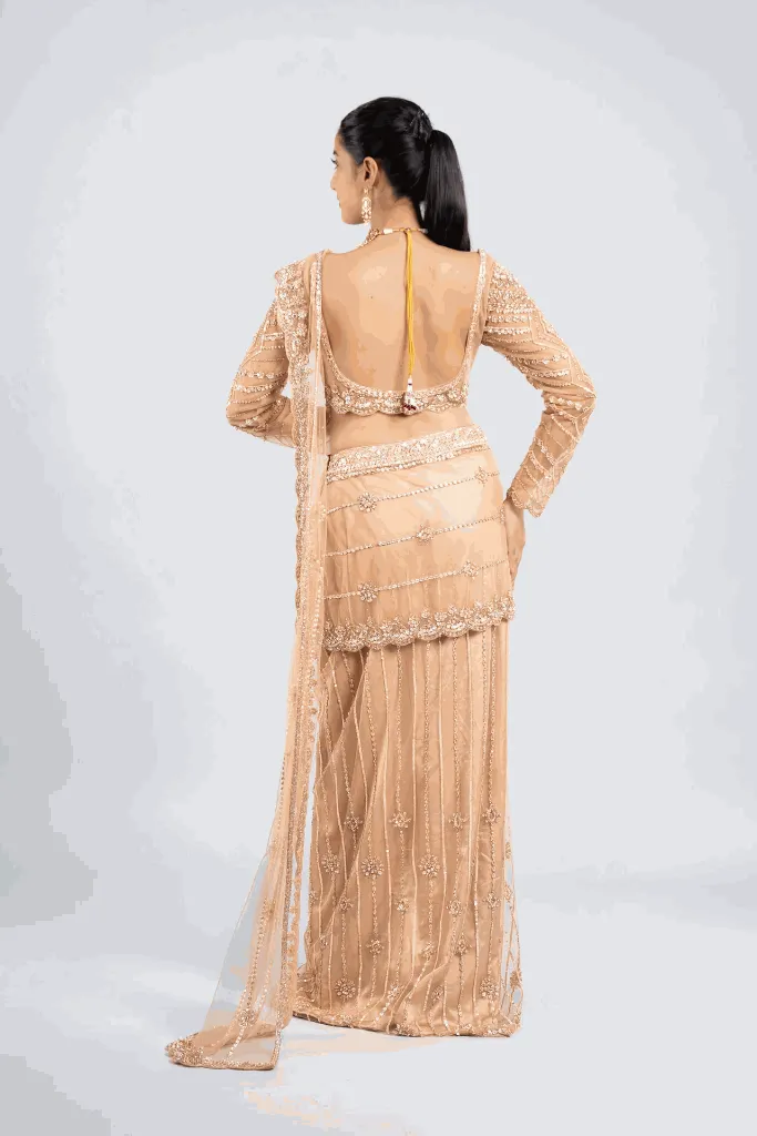 Champagne Gold Hand-Embellished Saree Set BACK.webp