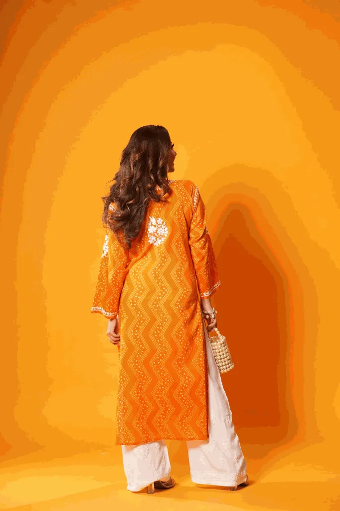 Mulmul Chikankari Printed Women's Long Kurta BACK - Orange.webp