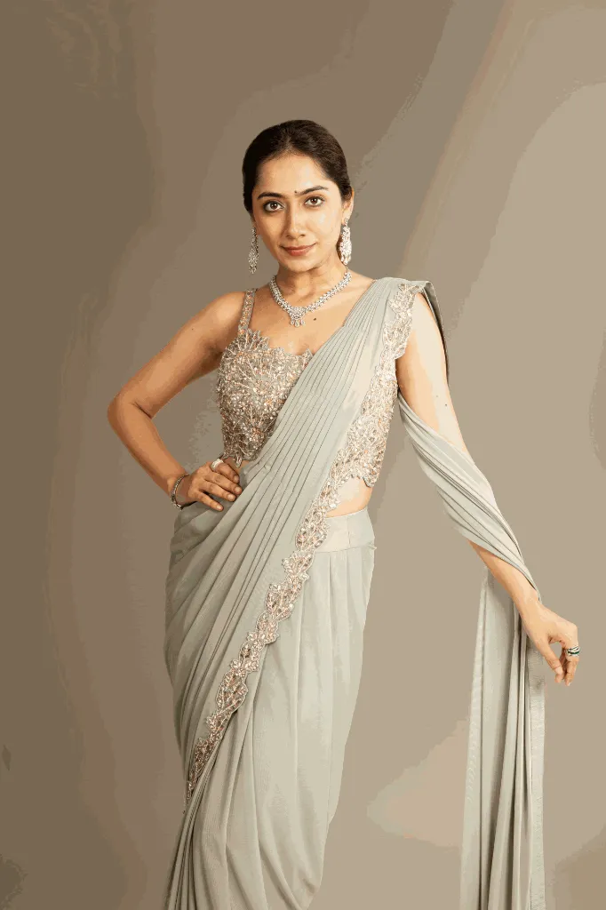 Sage Olive Drape Saree Set 2.webp