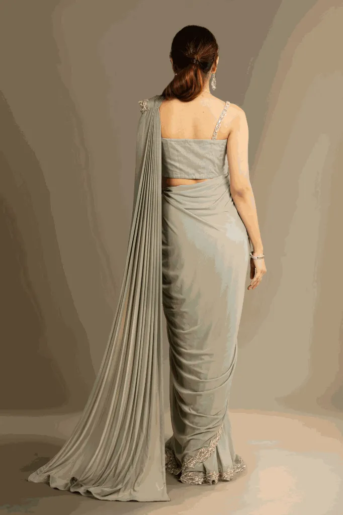 Sage Olive Drape Saree Set BACK.webp