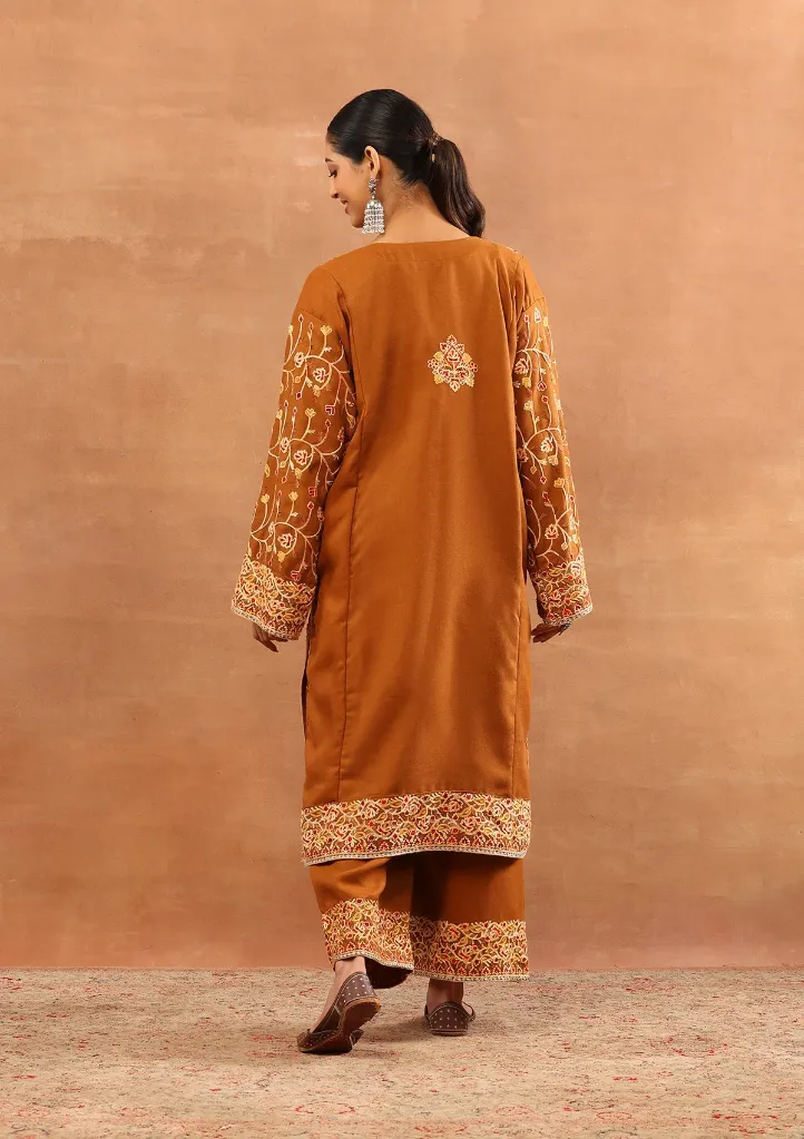 Wool Aari Embroidered Solid Women's 3 PC Long Phiran Set BACK - Rust.webp