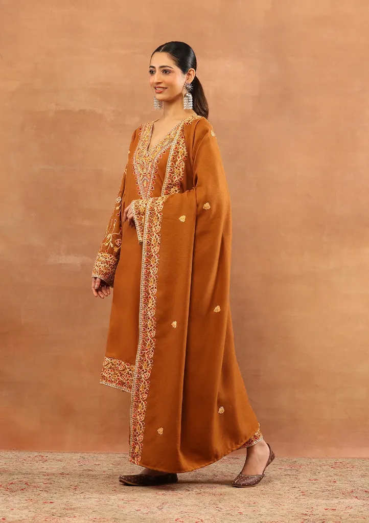 Wool Aari Embroidered Solid Women's 3 PC Long Phiran Set  SIDE VIEW- Rust.webp
