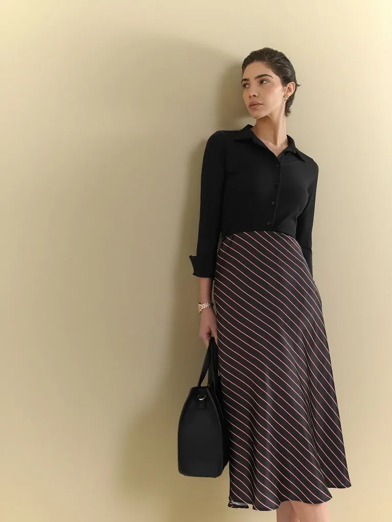 Satin Striped Flared Skirt - Black.webp