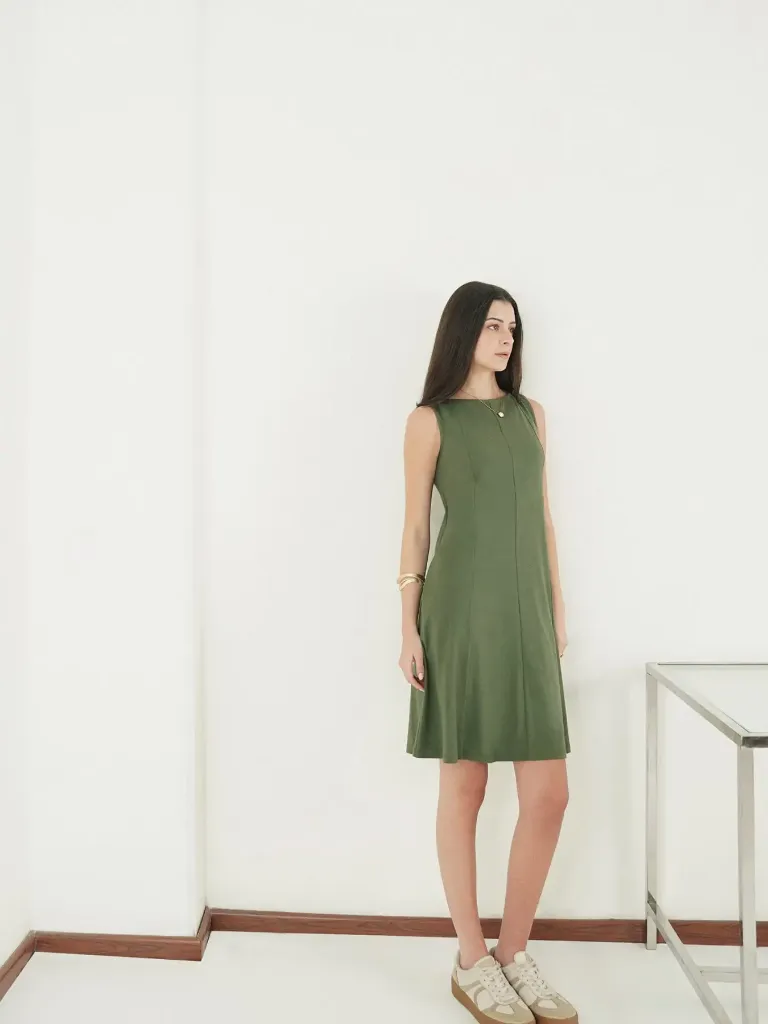Pure Cotton A-Line DRESS -OLIVE 2.webp