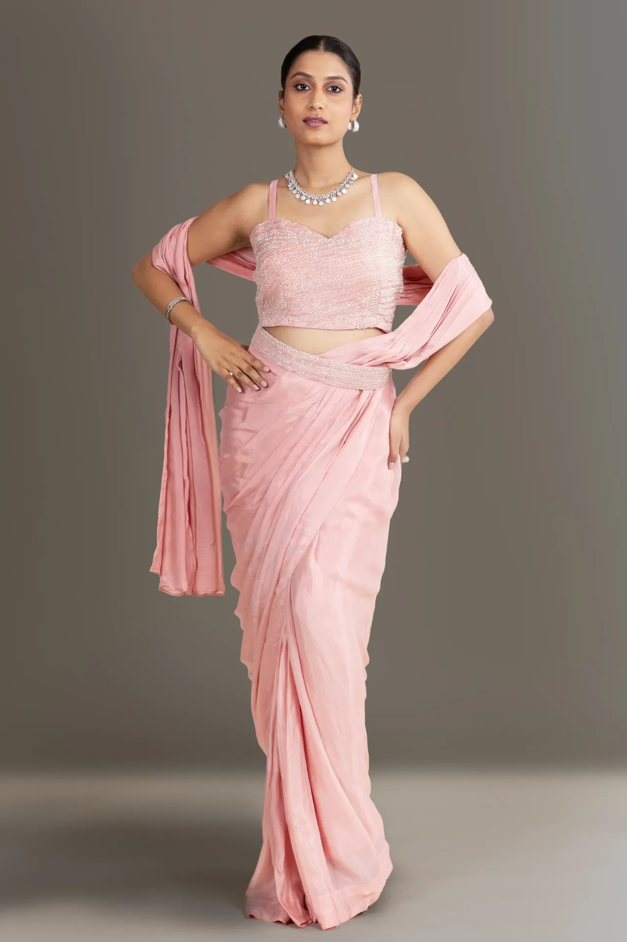 Blush Pink Pre-Draped Saree Set