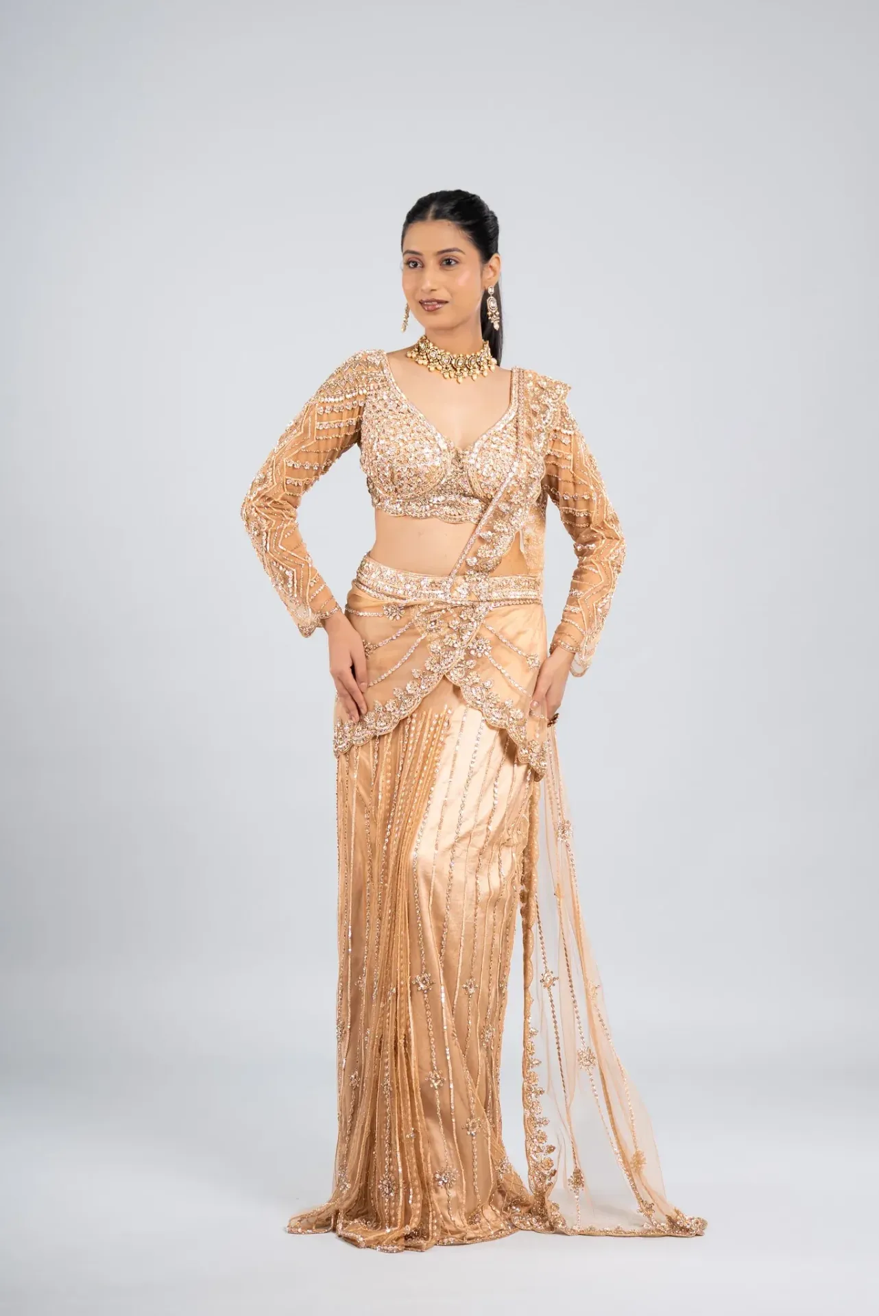 Champagne Gold Hand-Embellished Saree Set