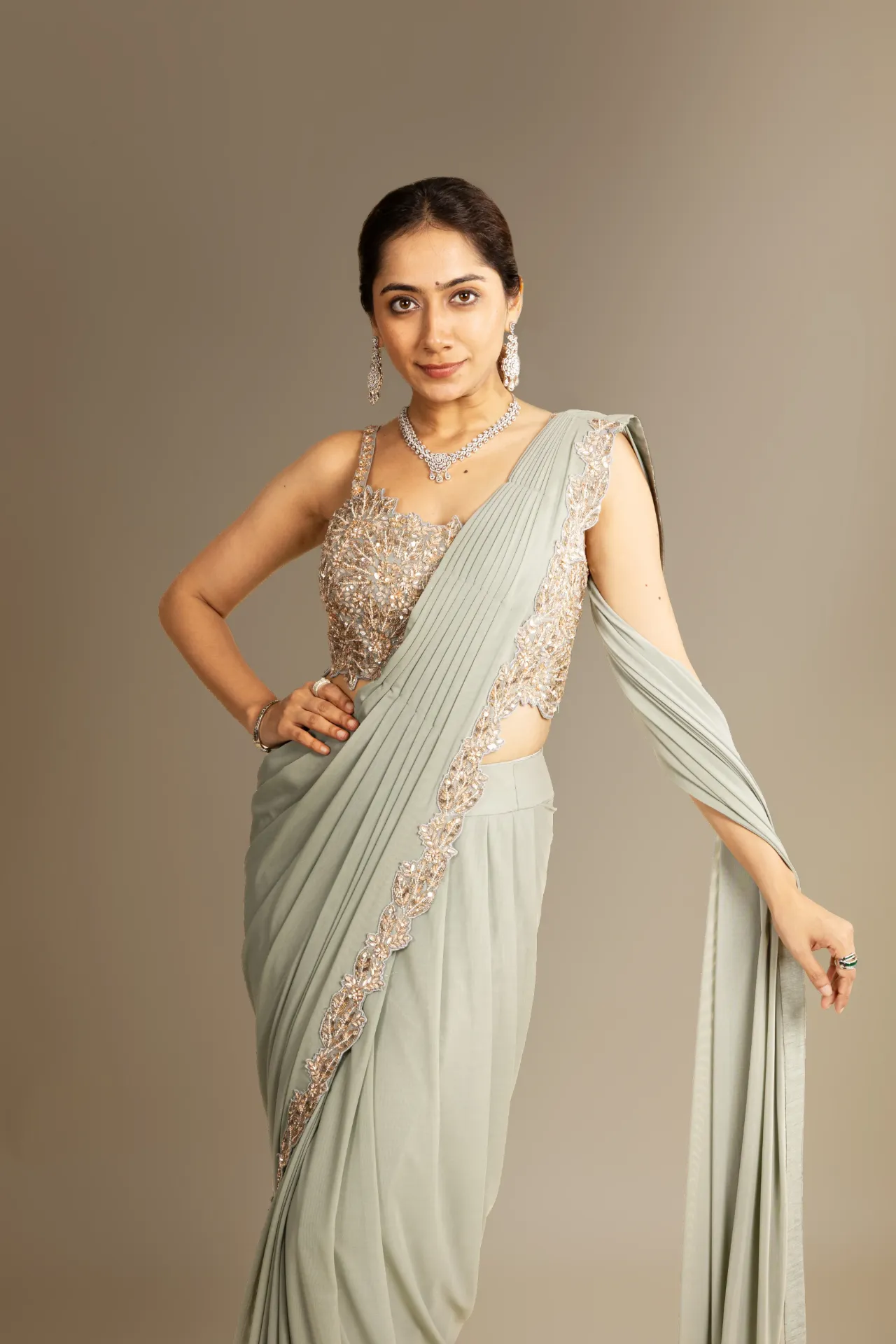 Sage Olive Drape Saree Set