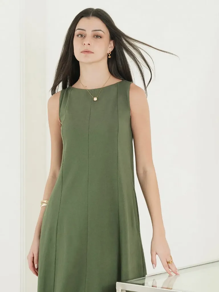 Pure Cotton A-Line DRESS -OLIVE