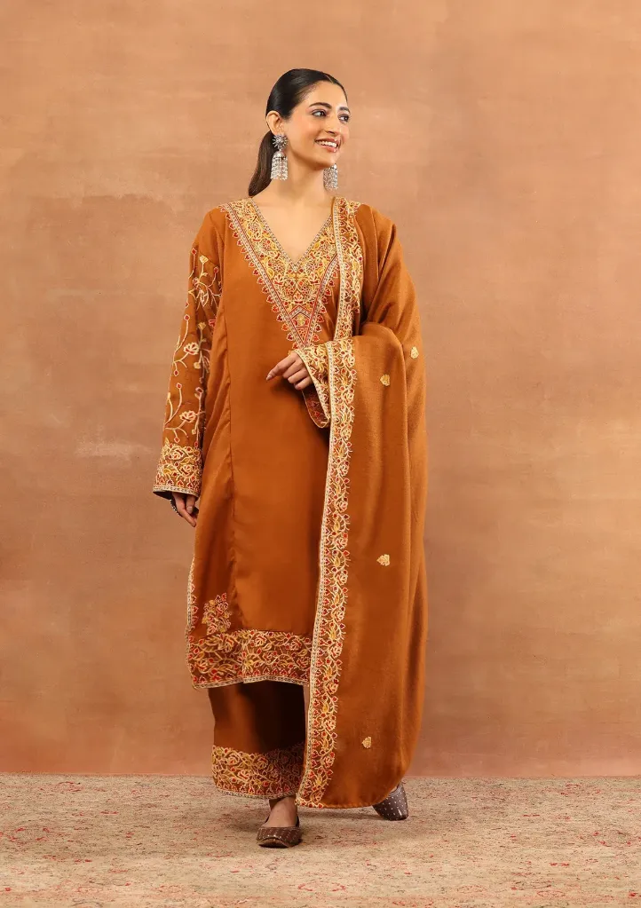 Wool Aari Embroidered Solid Women's 3 PC Long Phiran Set BACK - Rust