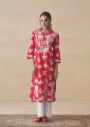 Mulmul Chikankari Printed Women's Straight Kurta - Red