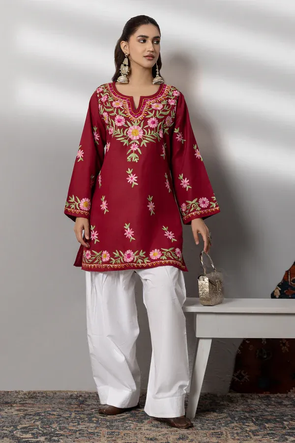 Cotton Kashmiri Aari Short Kurta - Maroon (small)