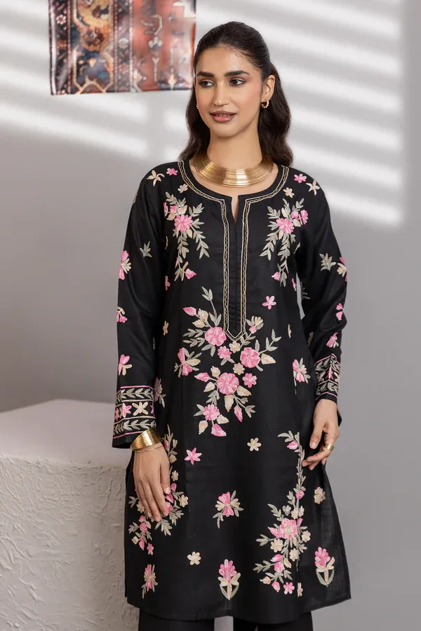 Cotton Kashmiri Aari Kurta Set With Bellbottom - Black (small)