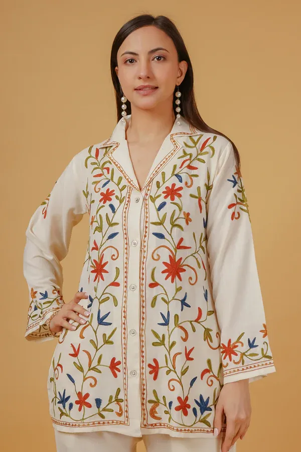 Cotton Kashmiri Aari Embroidered Kurta Set - Ivory (small)