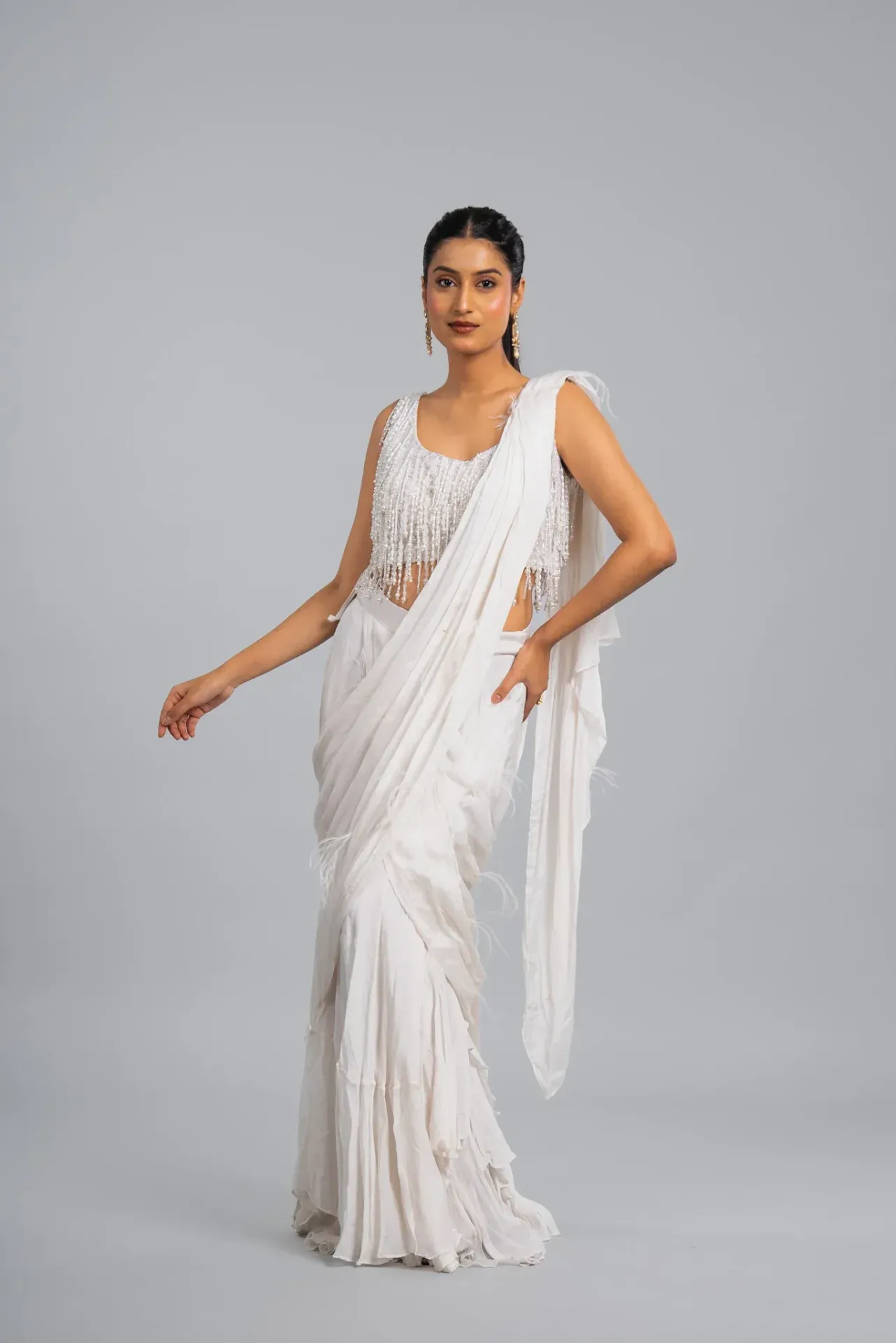 Draped Saree Set with Embellished Cape Blouse